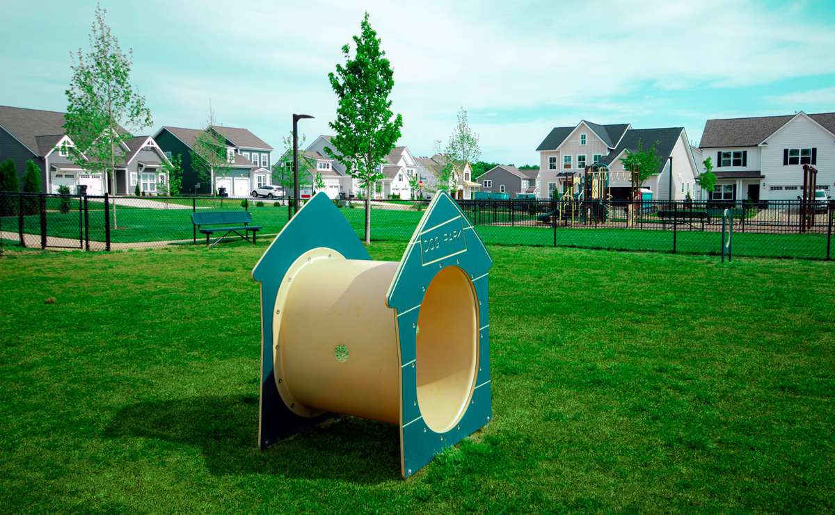 Additional outdoor amenities include a half-court basketball court, a dog park, and a playground.