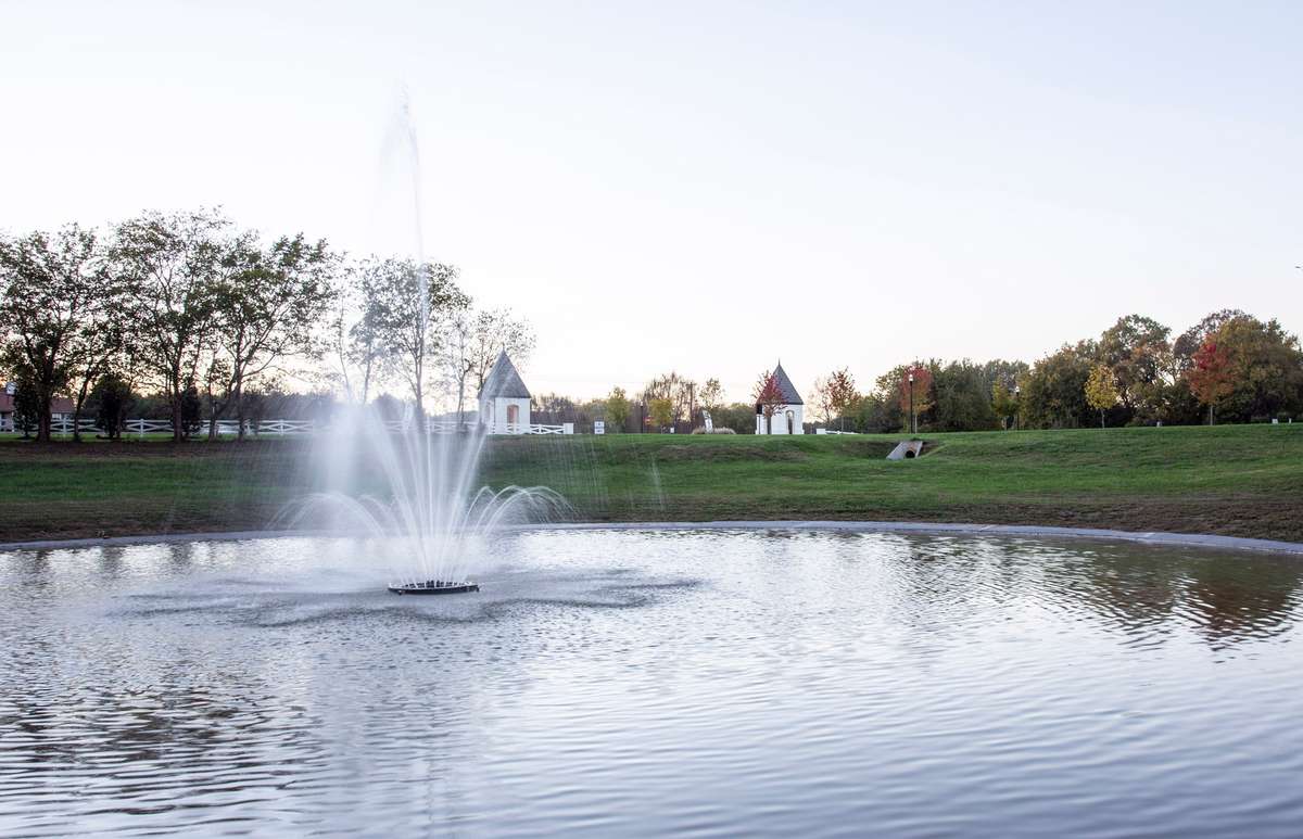 A scenic pond with a charming fountain adds to the community's serene atmosphere.