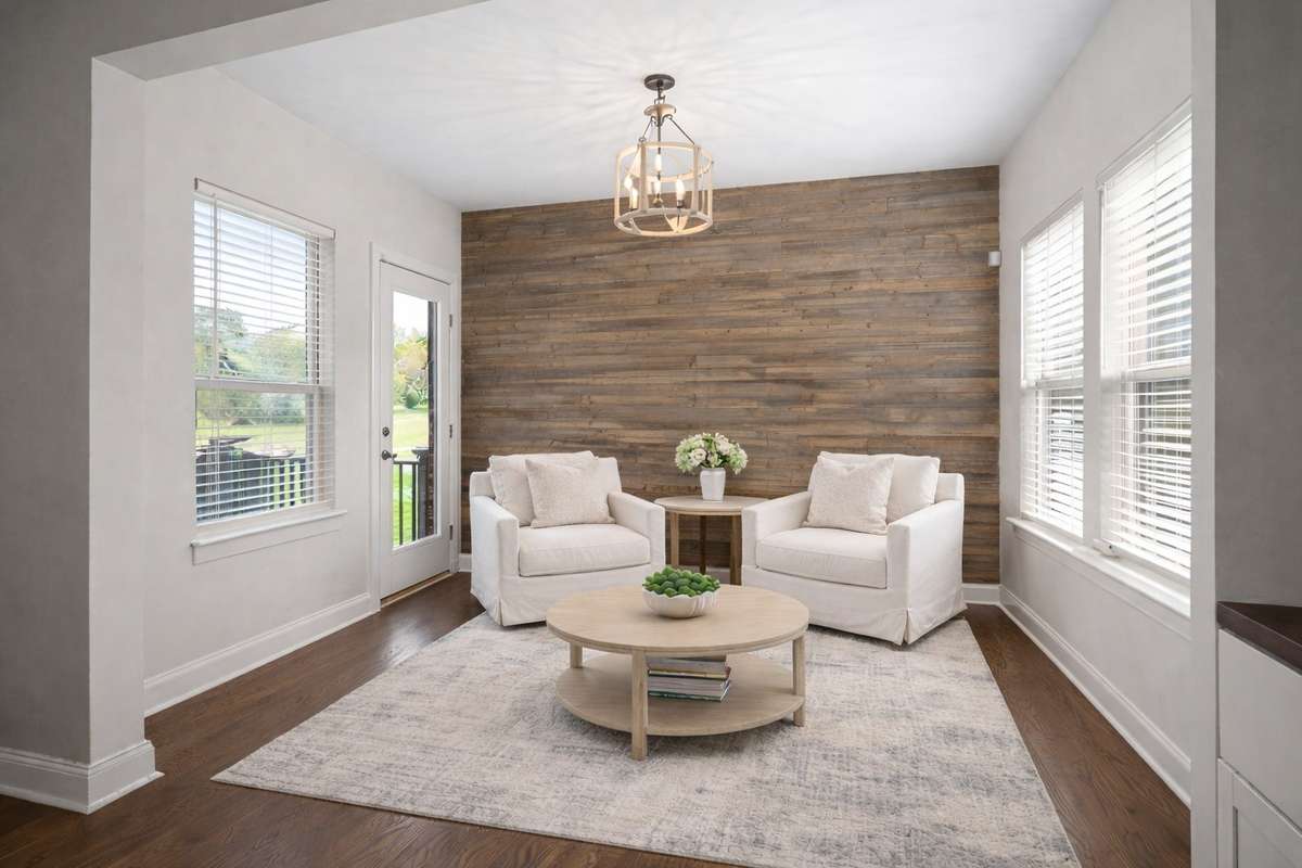 The keeping room offers abundant natural light and a custom accent wall.