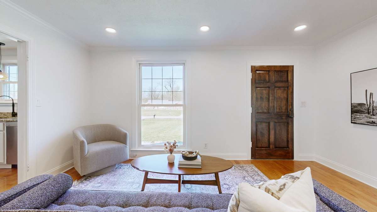 Living room with large windows.