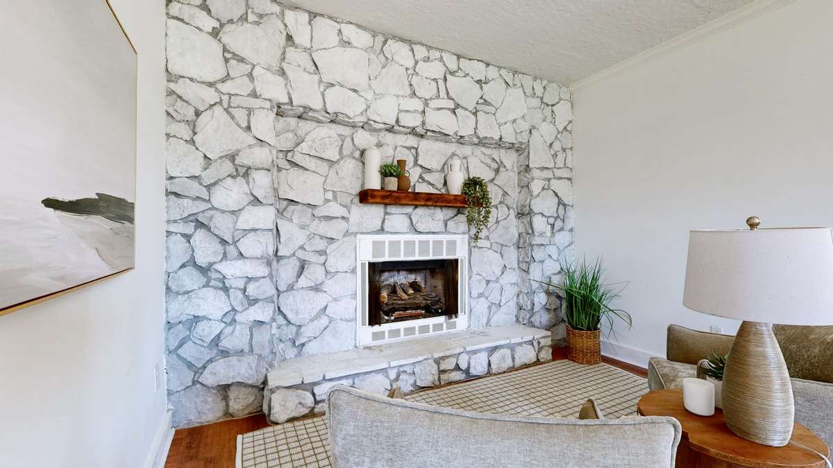 Stone fireplace, hard woods, oh my.