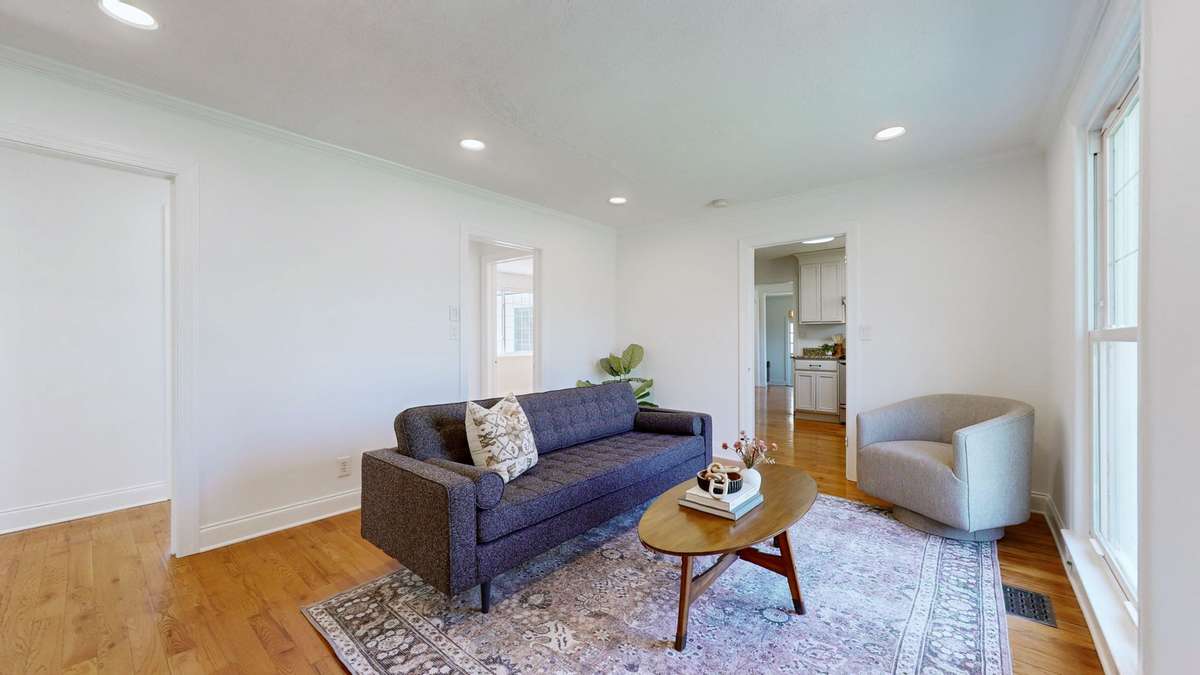 Living room with large windows.