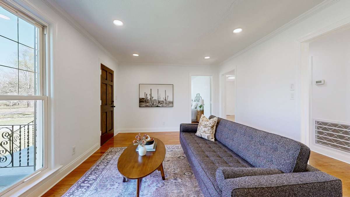 Living room with large windows.