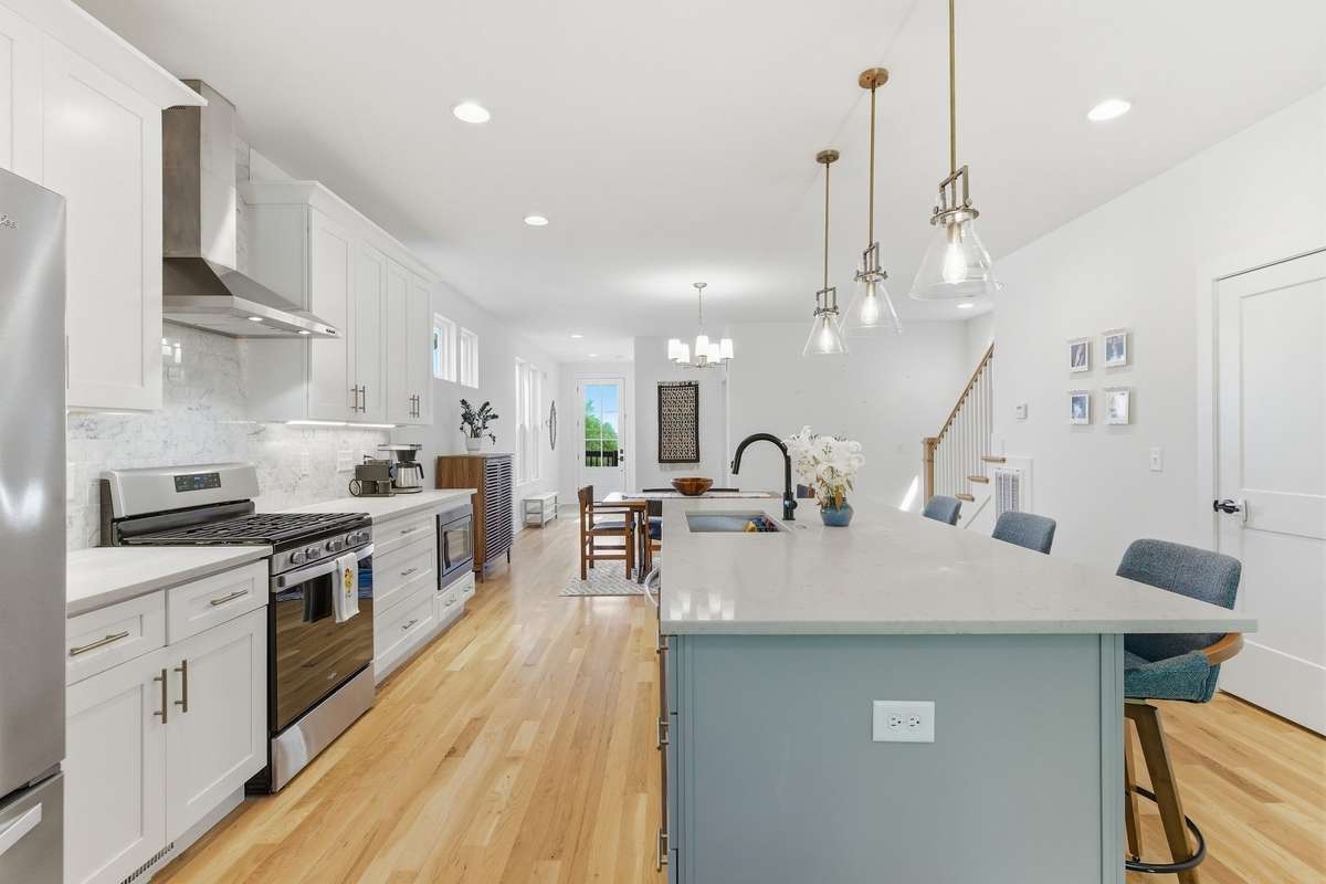 Kitchen with large island and seating space.