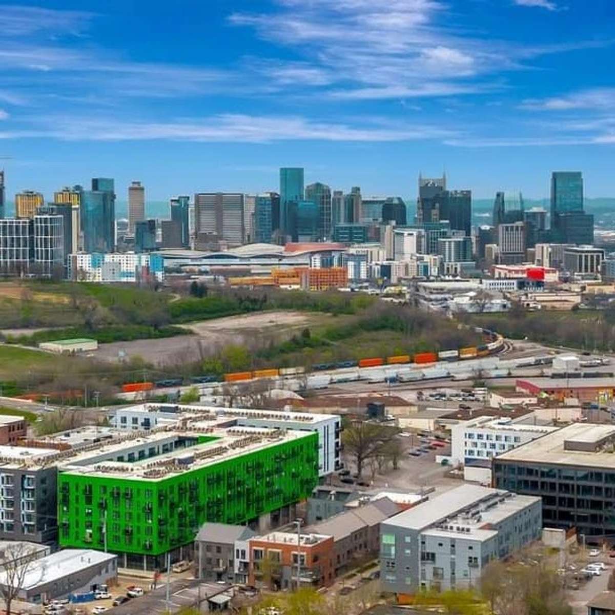 Drone photo of Southgate Commons' proximity to downtown Nashville.