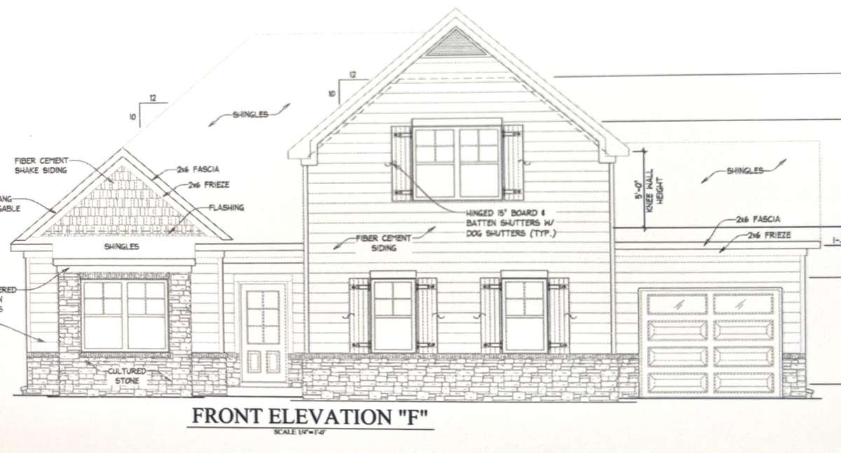 Architectural rendering of this 3 car garage home. Siding will be White Hardie board with dark brown trim, musket brown shutters, gutters, front door and garage door. Stone accent will be a brown/beige blend stone.