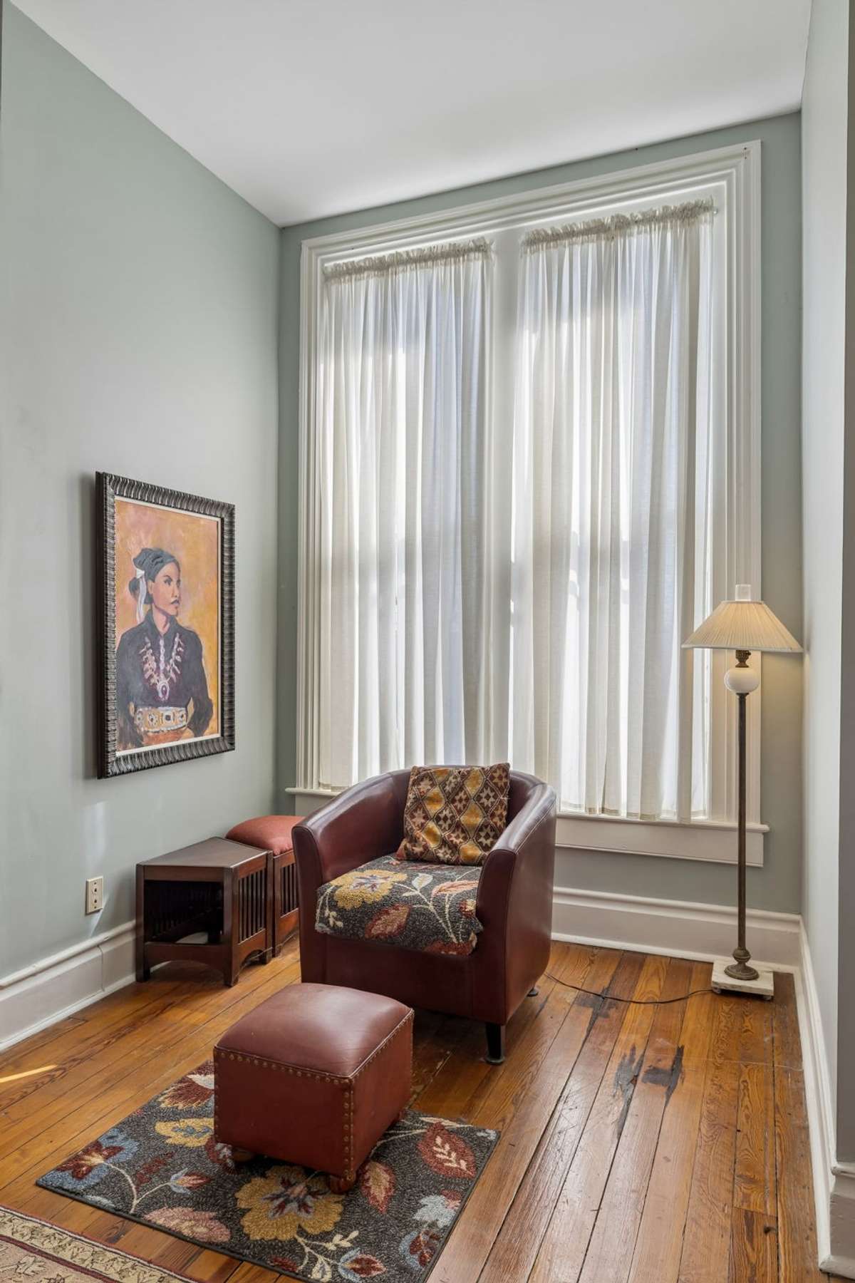 A cozy reading nook in the western-facing bedroom on the second floor