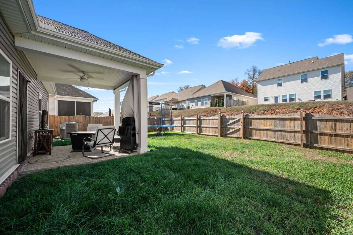 Fully fenced backyard featuring a covered patio!