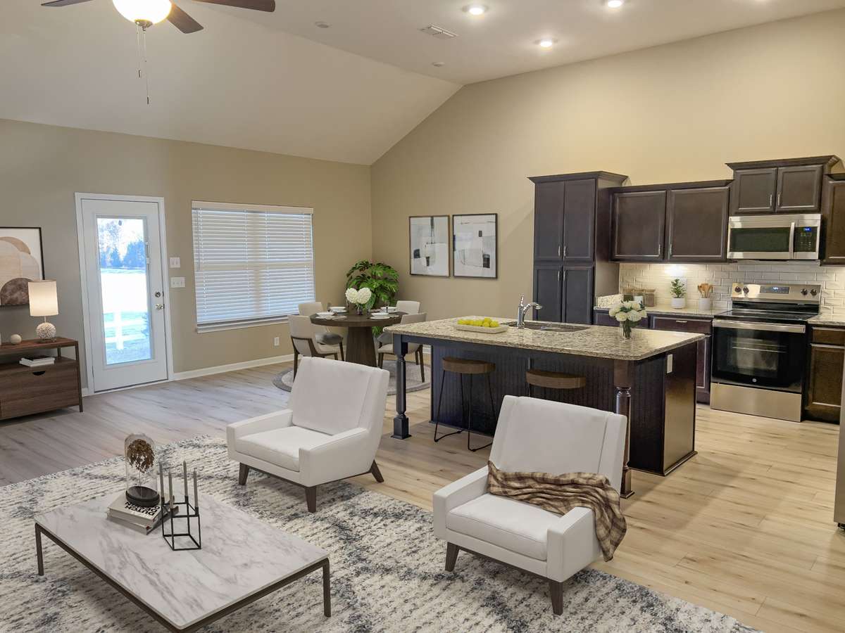 Virtually staged living/ kitchen/ dining