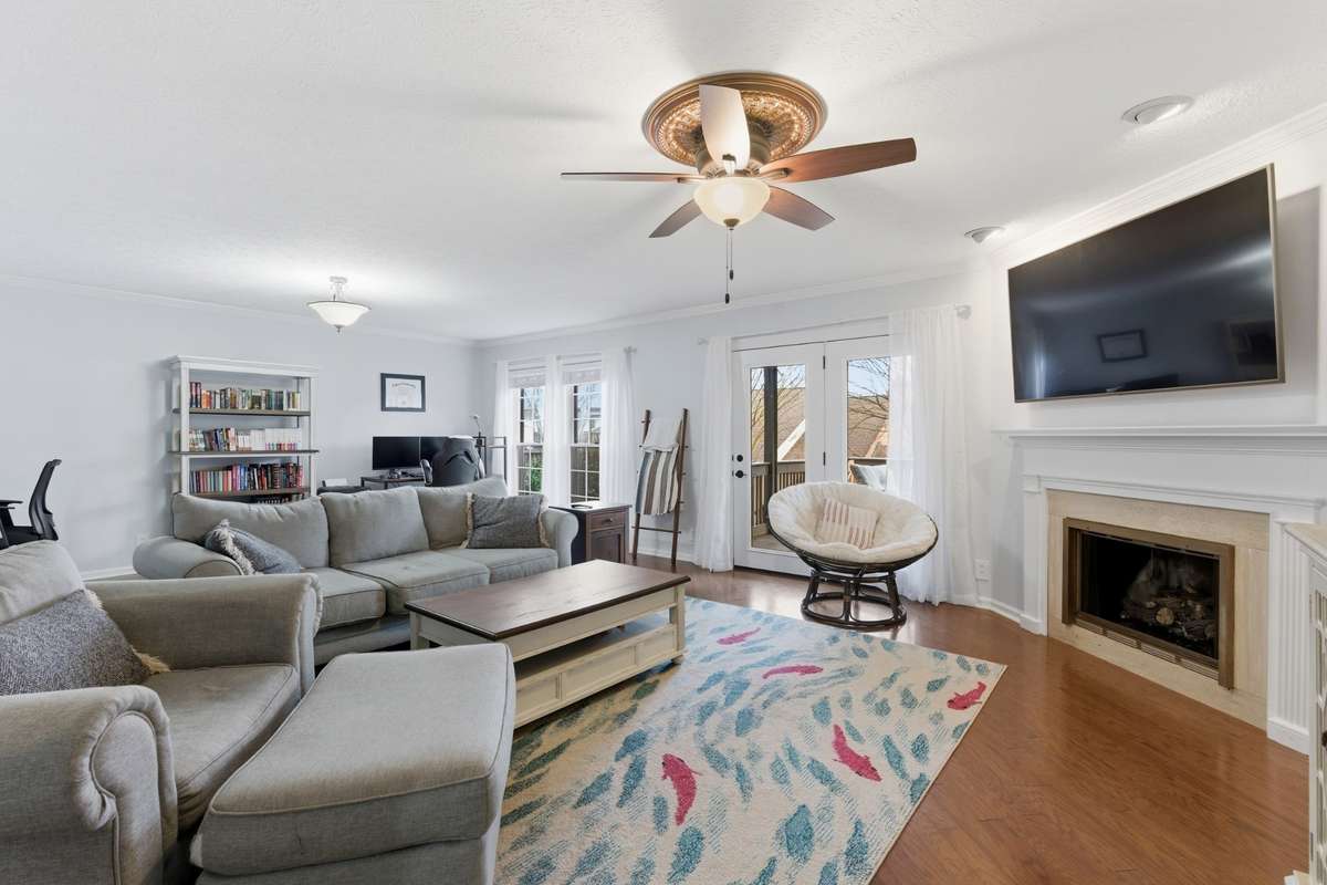 Large living room that can double as a dining room at opposite end. Seen from entry foyer.