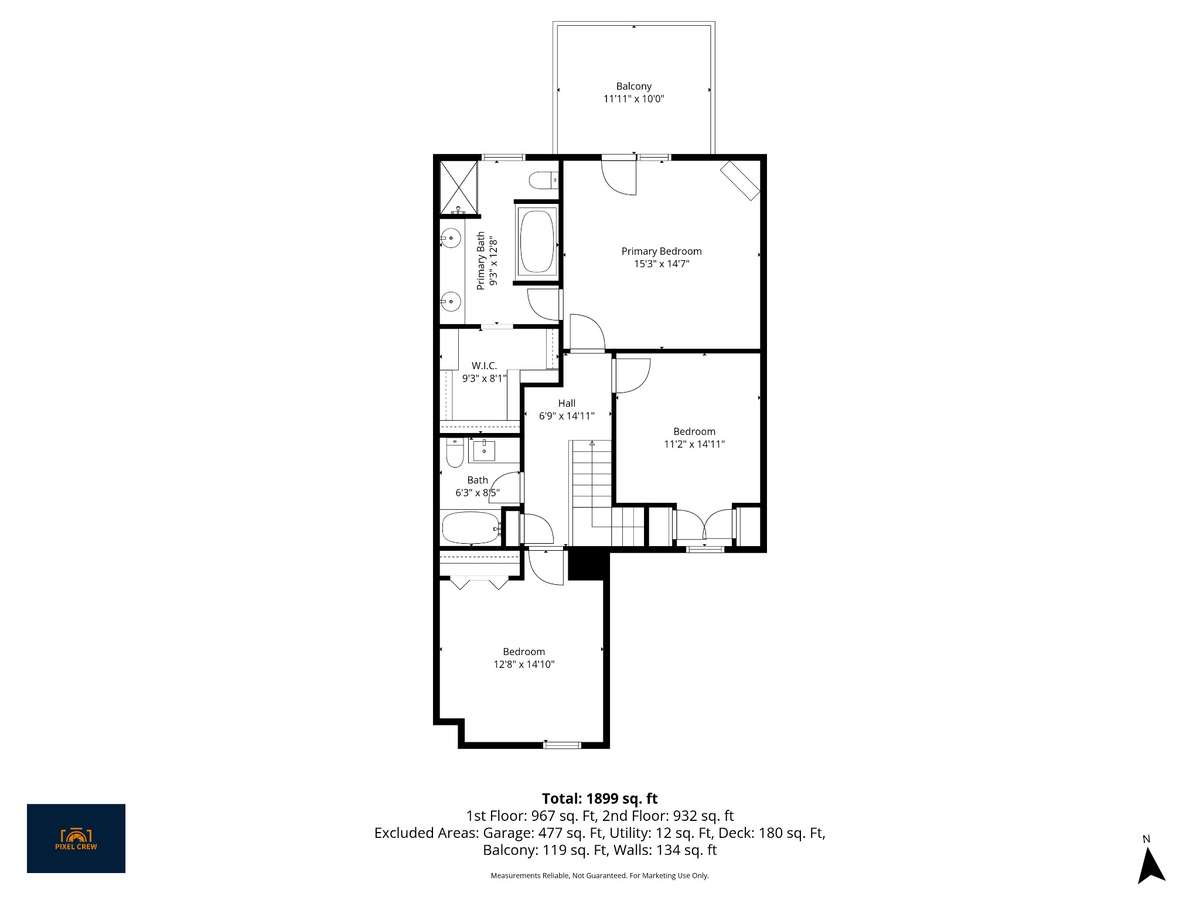 Upstairs floor plan with dimensions.