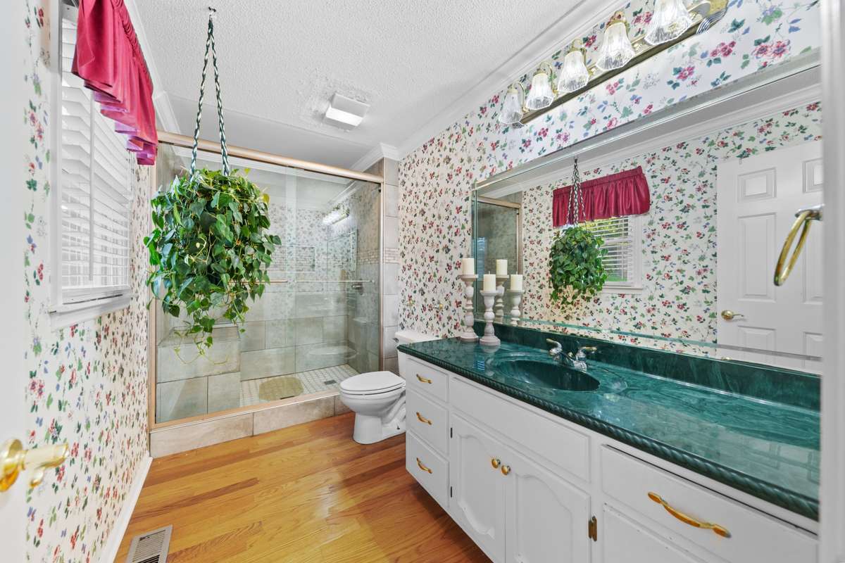 Primary bath with an updated stand up shower.