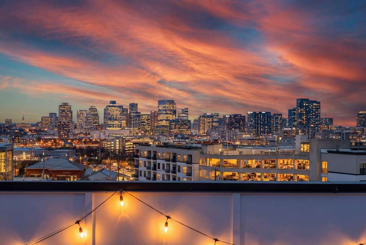Picture yourself unwinding on the rooftop, with the stunning Nashville skyline glowing at sunset—just minutes from Broadway