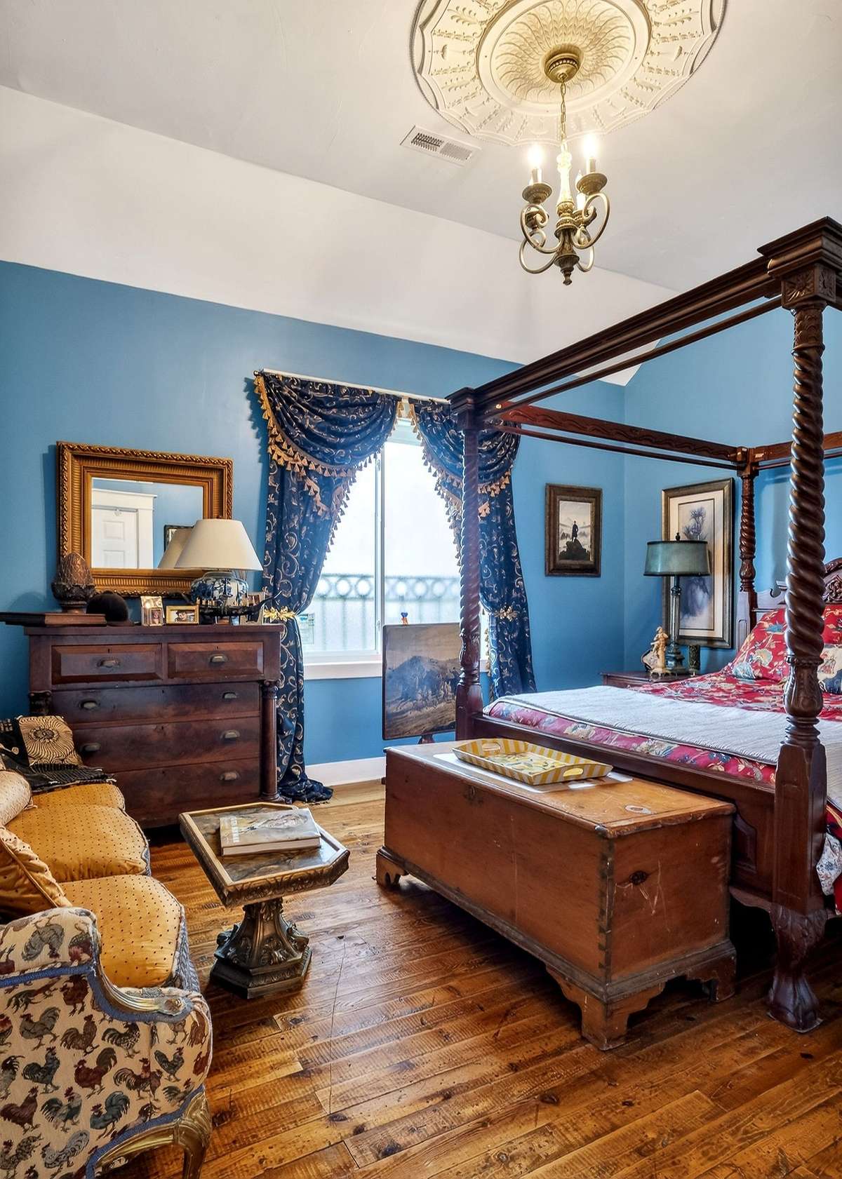 The Venetian silk drapes remain and are very high end quality. There is also a walk in closet outside of the master bath