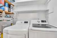 The laundry closet houses the water heater, as well as extra storage.