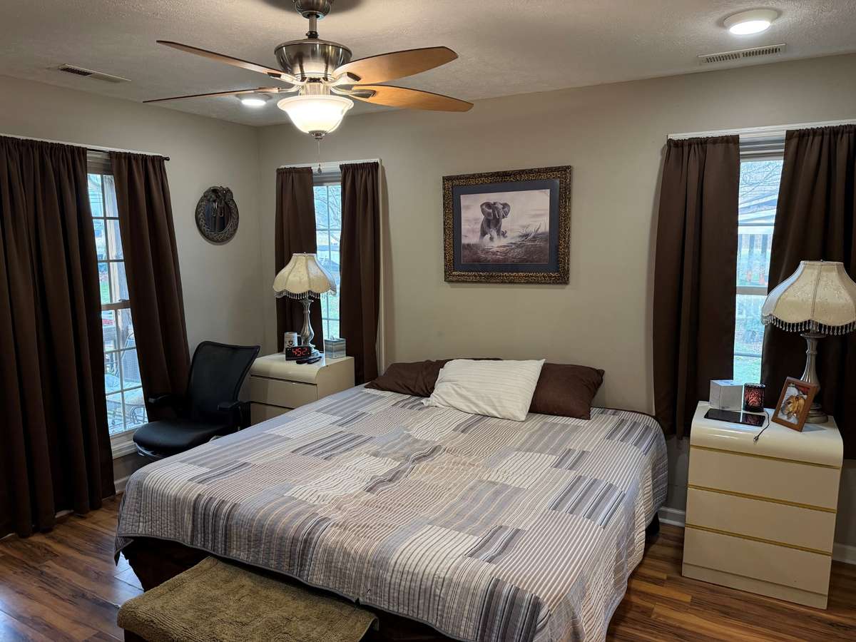 Primary Bath- recessed lighting, ceiling fan, laminate flooring