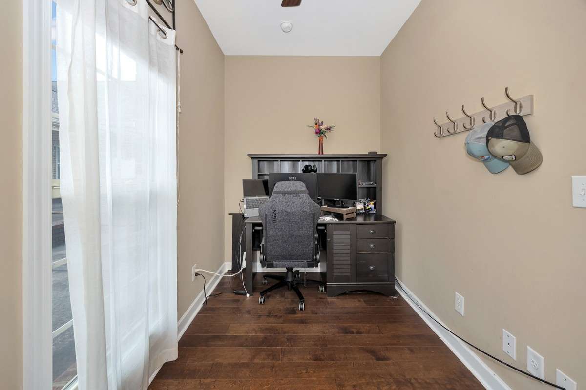Study - wood flooring, ceiling fan