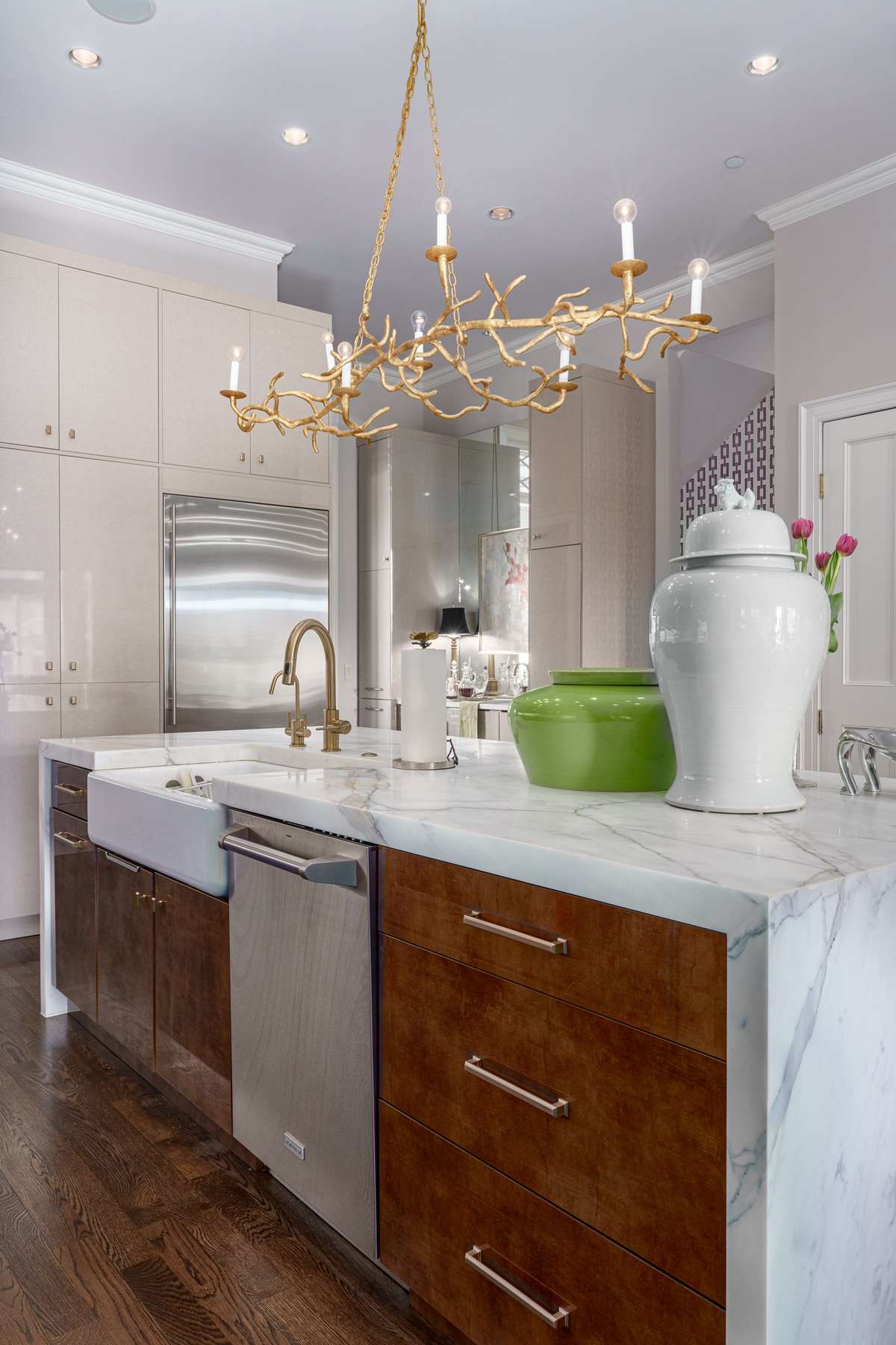 Note the spectacular designer light fixture over the island