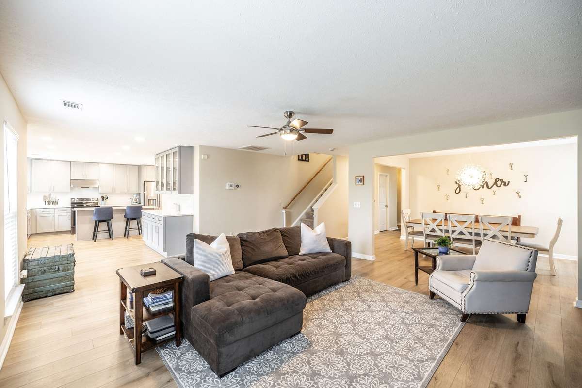 The open floor plan flows nicely from the dining room to the living room and into the kitchen!