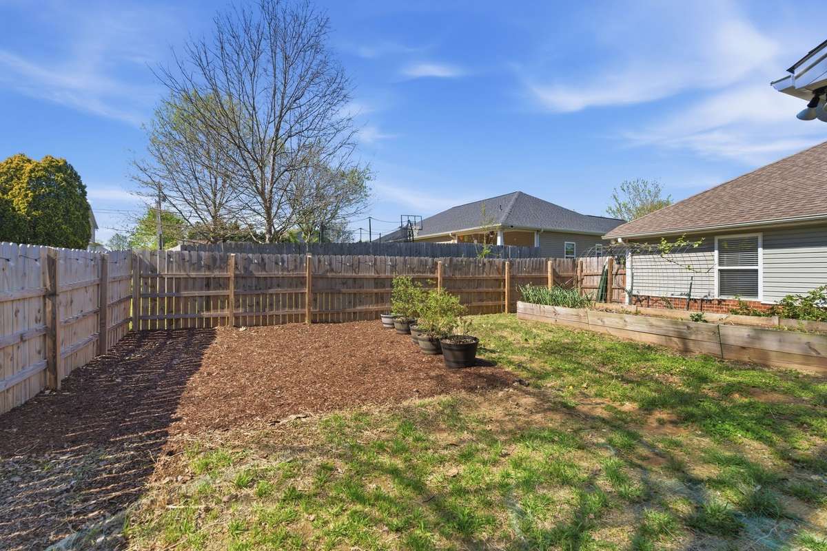 Backyard area is ready with raised bed garden. Grapes and blackberries are also currently growing.  This pad to the left is perfect for special area for pets or maybe even a playground set.