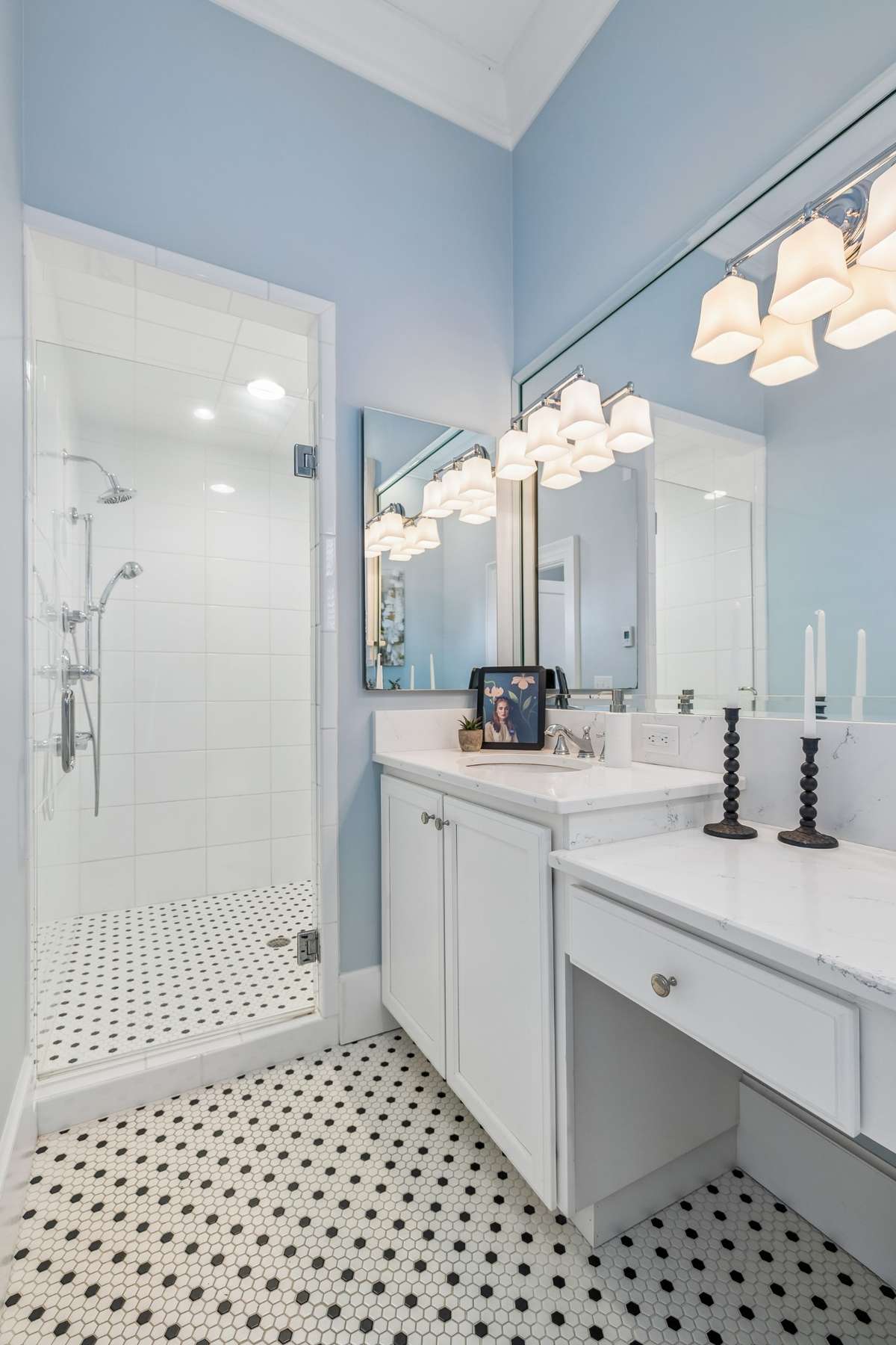 Primary Bath with walk-in shower and updated tiles
