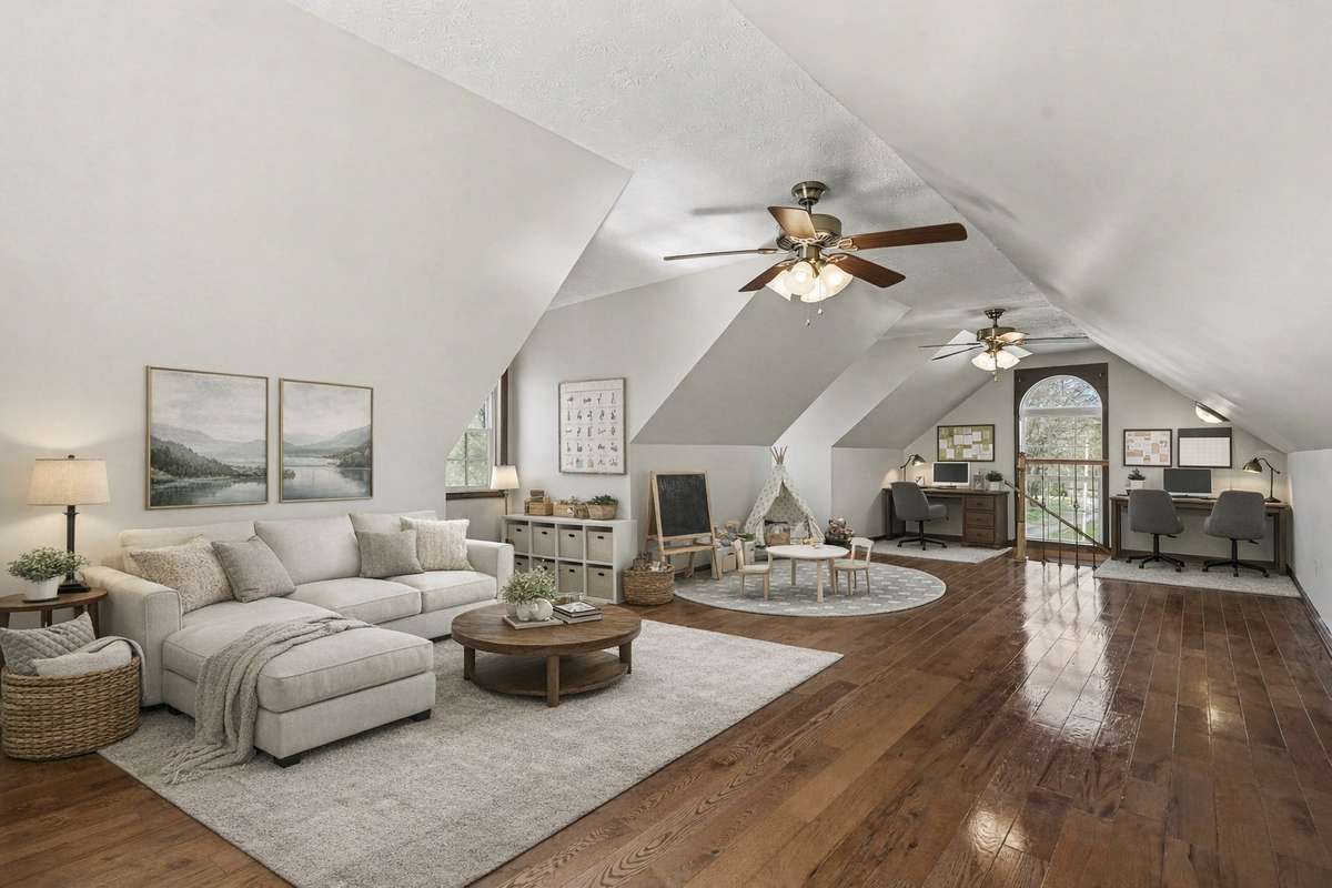 Expansive Bonus Room With Beautiful Hardwood Floors Above The Garage Offering Incredible Flexibility For A Game Room, Office, Exercise Room Or Retreat *Virtually Staged