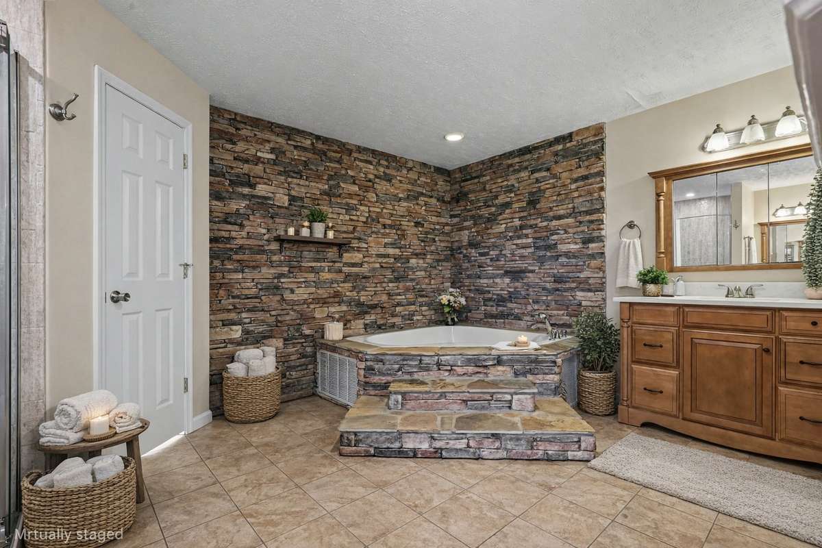 A Stunning Spa-Like Primary Ensuite Featuring A Beautiful Stone-Surround Jacuzzi Soaking Tub—The Perfect Place To Relax And Unwind *Virtually Staged