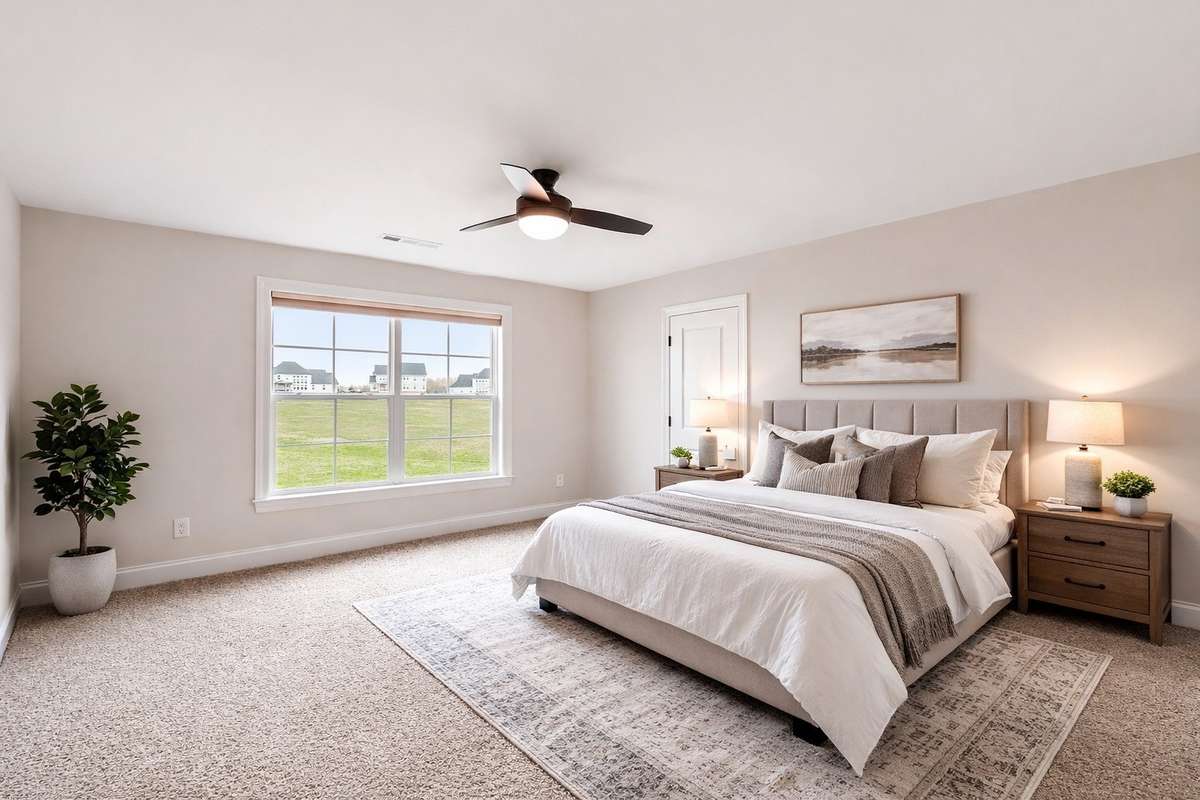 Bright secondary bedroom with soft natural light, neutral finishes, and a comfortable layout—perfect for guests or family.