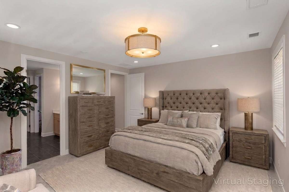 AI Staged Primary bedroom - note it looks small, but AI software cannot properly gauge room size, so it is actually not this tight of a space.