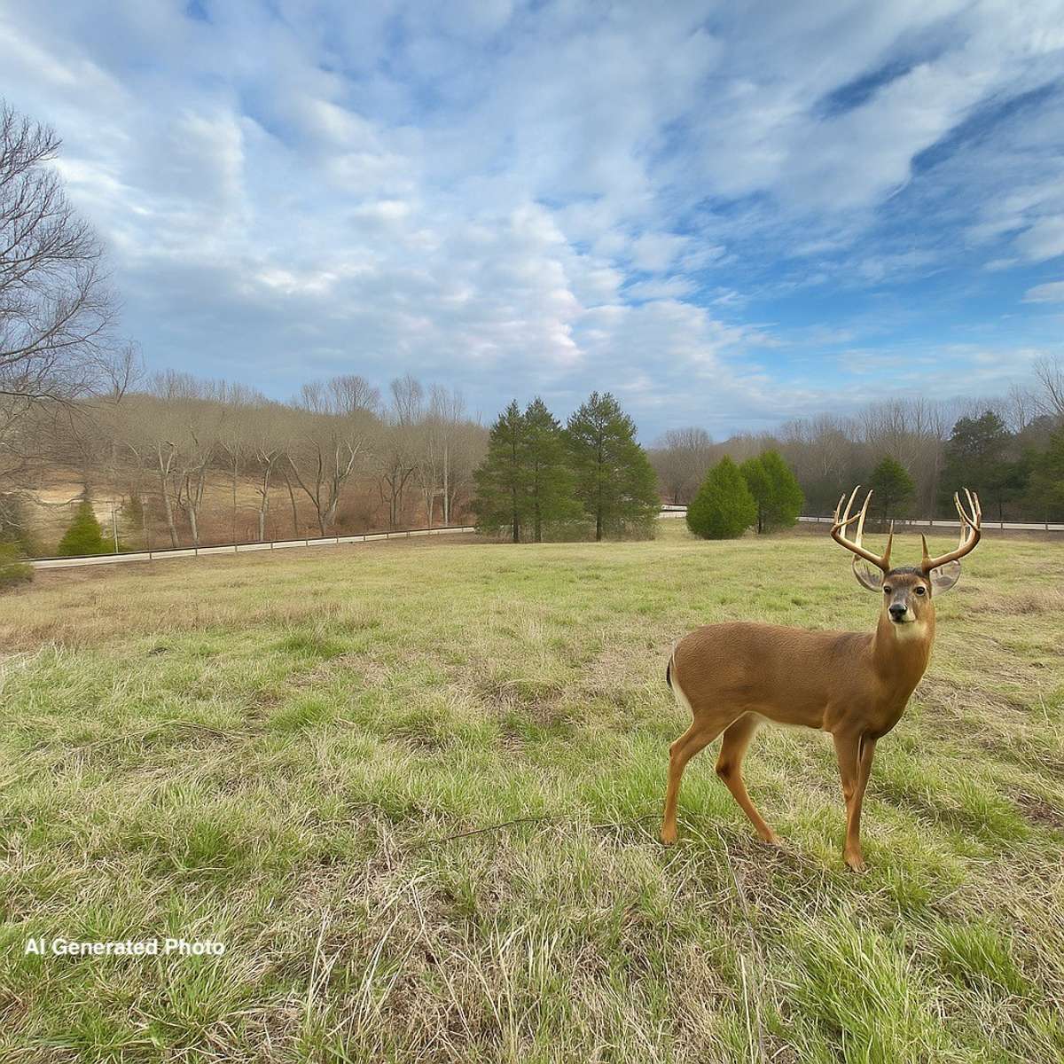 Abundant whitetail deer and wild turkey roam the property.  AI generated photo.
