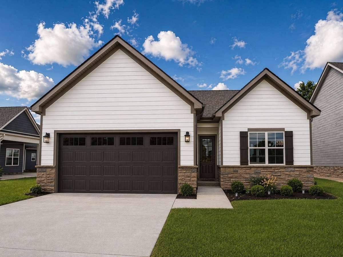 Digitally enhanced photo of the exterior showcasing the Stone Front, Musket Brown Garage Door and finished Landscaping.