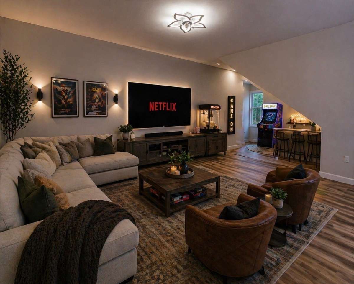 Have a relaxing evening entertaining or watching your fav movies in the upstairs bonus room. This virtually staged area shows just one possibility for this flex space.