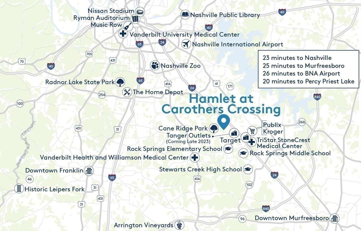 Centrally located between Nashville and Murfreesboro, our community offers you the perfect blend of quick access to shopping/dining and highly rated Rutherford County schools. Thank you for considering Hamlet at Carothers Crossing for your next home.
