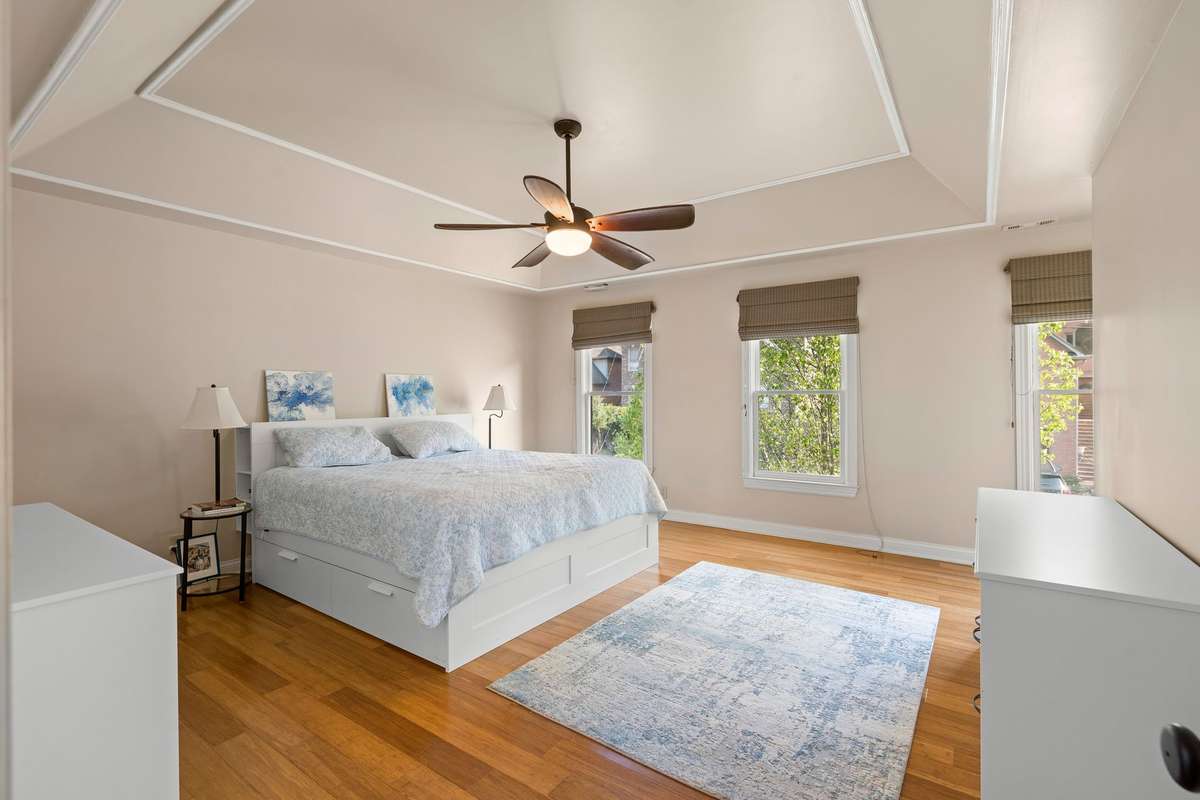 All the bedrooms are upstairs. This Primary suite sits on the right side of the home and features a trey ceiling, ceiling fan, 3 windows to allow for loads of natural light.