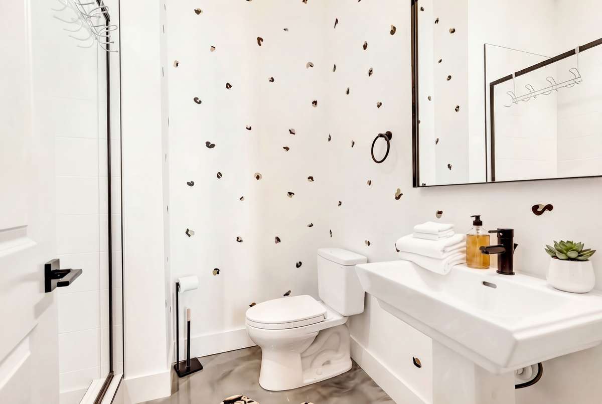 The attached bath features custom paint that makes a fun first impression on guests!
