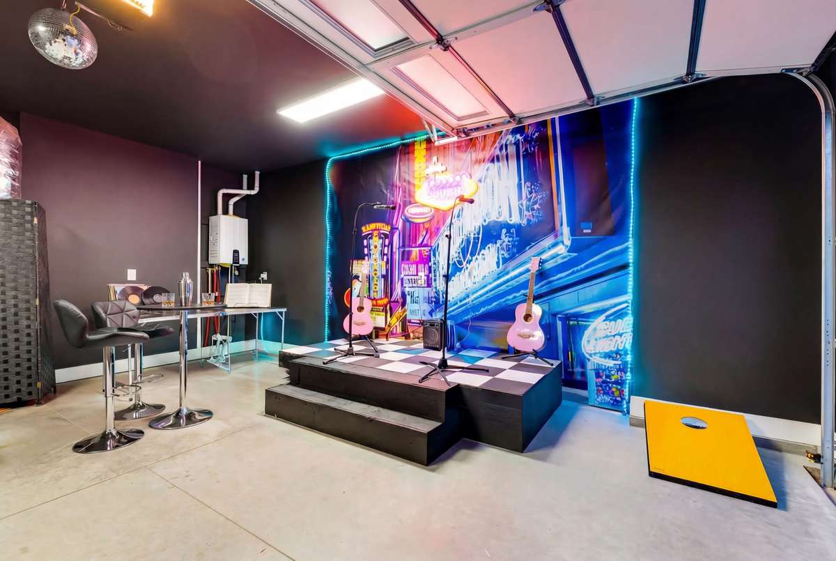 A custom stage and backdrop create a honky-tonk experience at home!