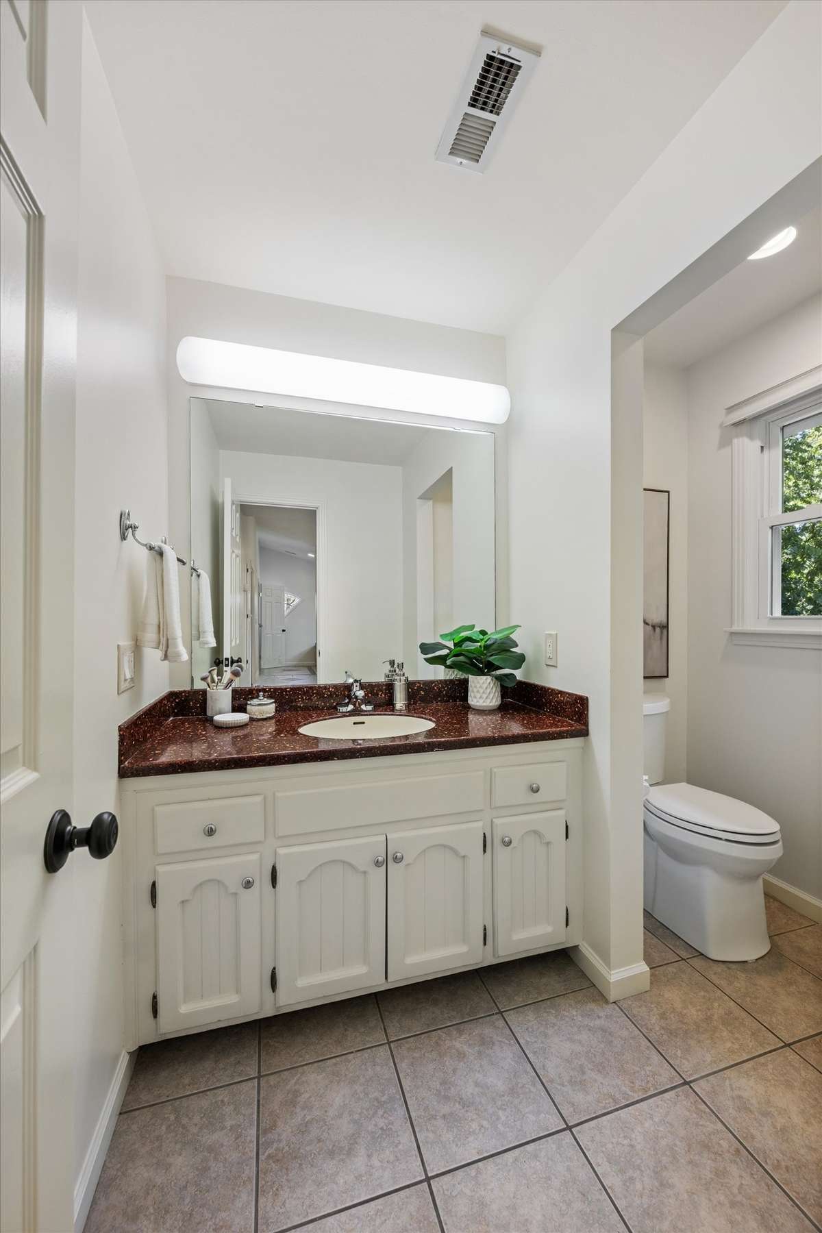 Separate water closet and vanity.