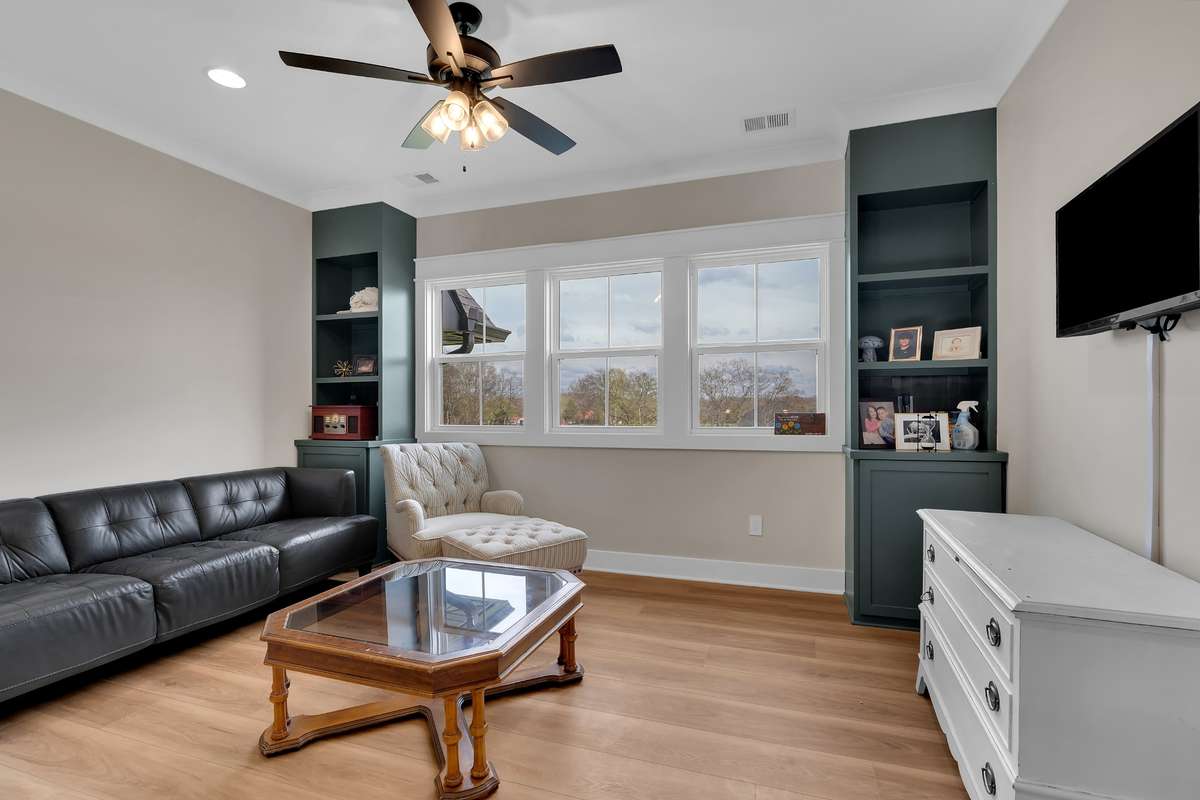 Loft with built in bookcases