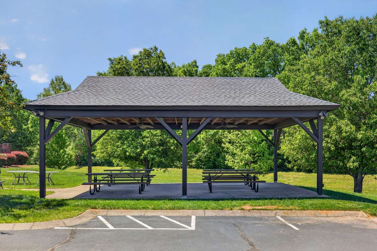 Community pavilion with shaded seating and picnic areas—perfect for gatherings, outdoor dining, and relaxing in a peaceful setting.
