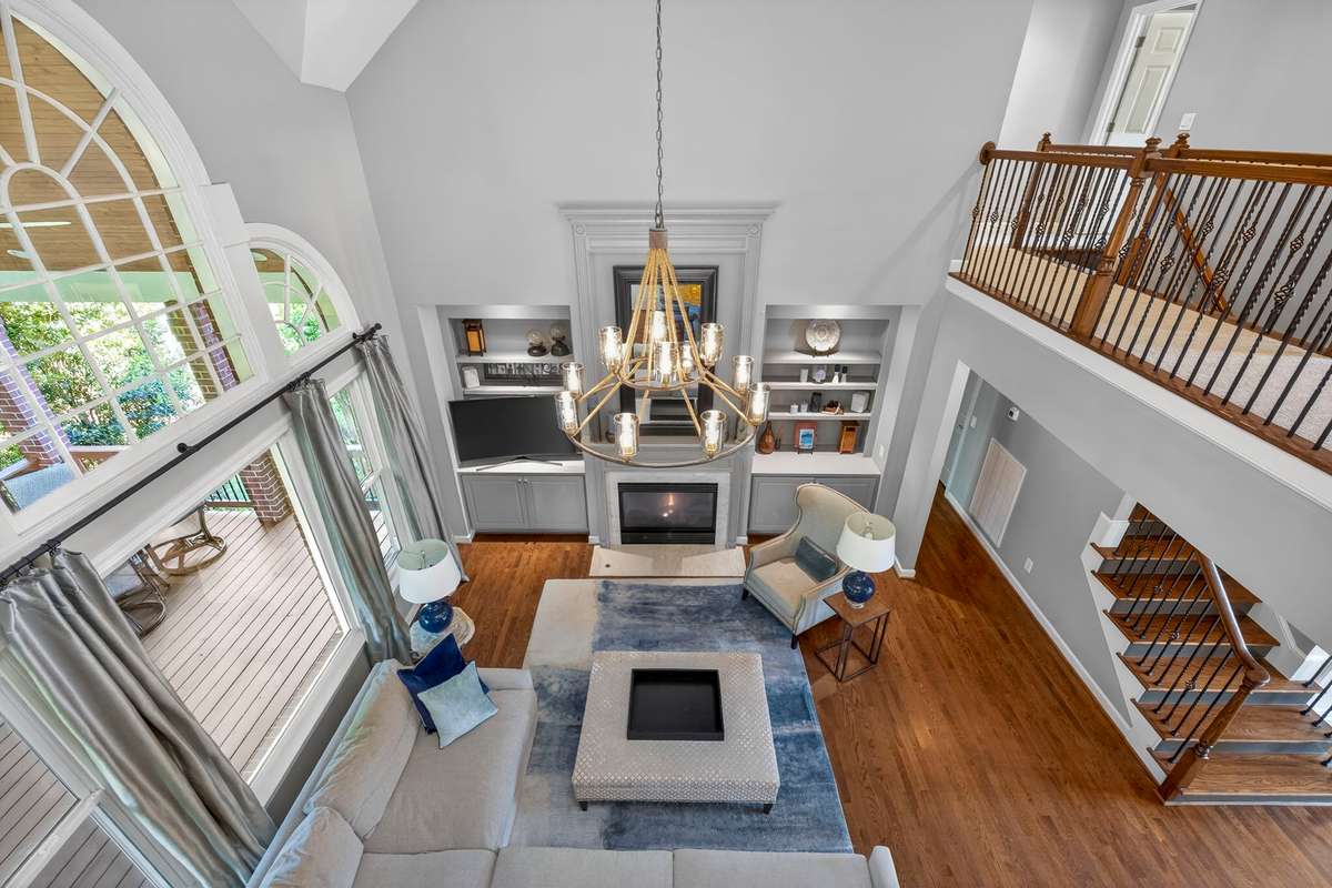An overhead view of the great room highlights the functionality of this floor plan - with multiple sightlines creating a seamless flow from room to room.