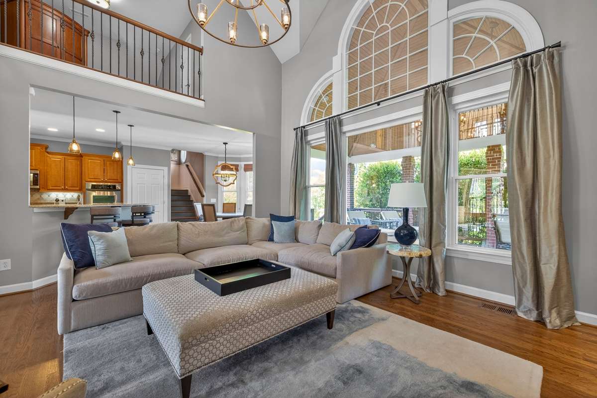 This angle shows sightlines from the kitchen, breakfast nook, and overhead flex space on the second level.