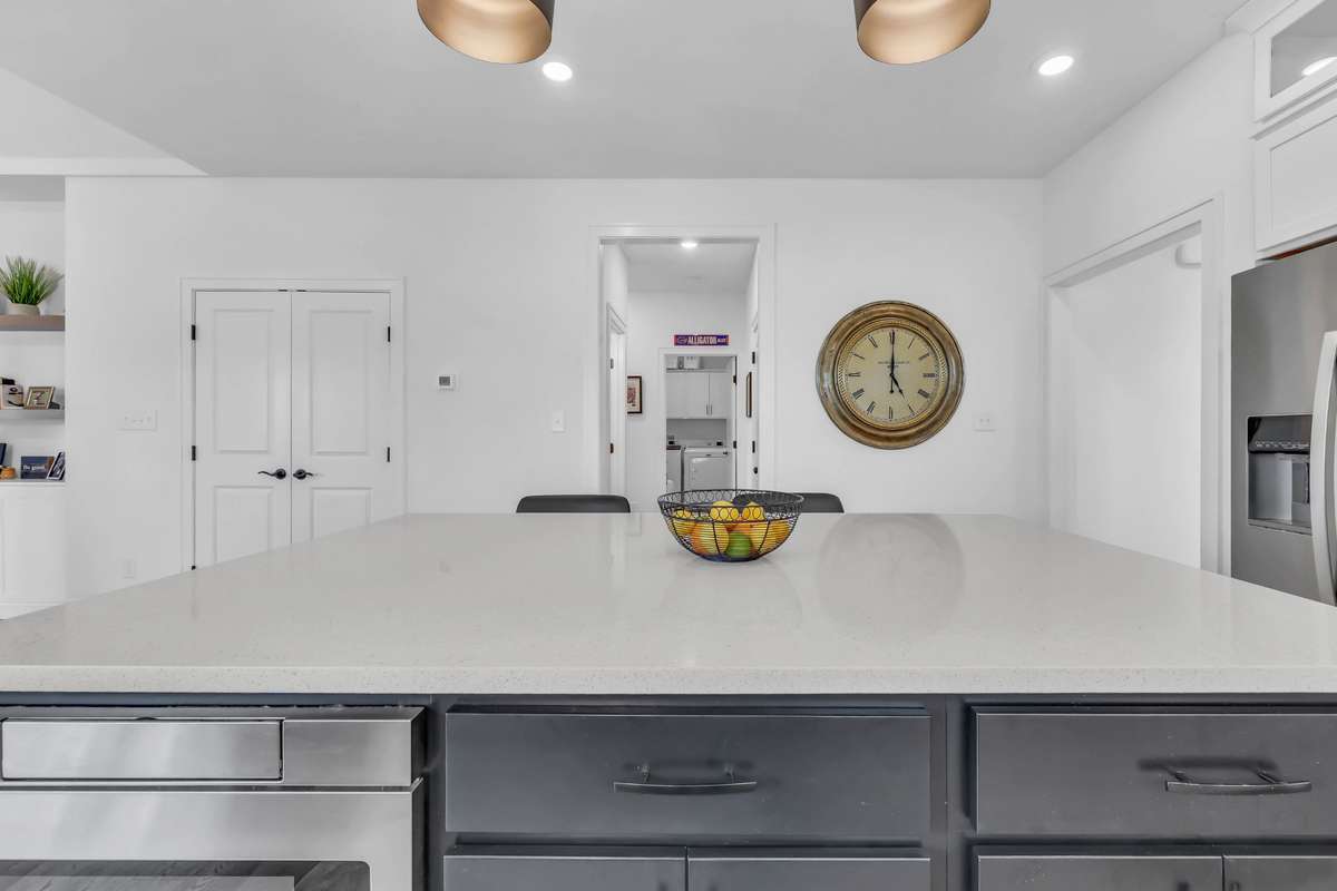 This spacious kitchen island is both a statement piece and a functional centerpiece of the home. Topped with sleek quartz countertops, it offers ample room for meal prep, serving, and gathering with family and friends.