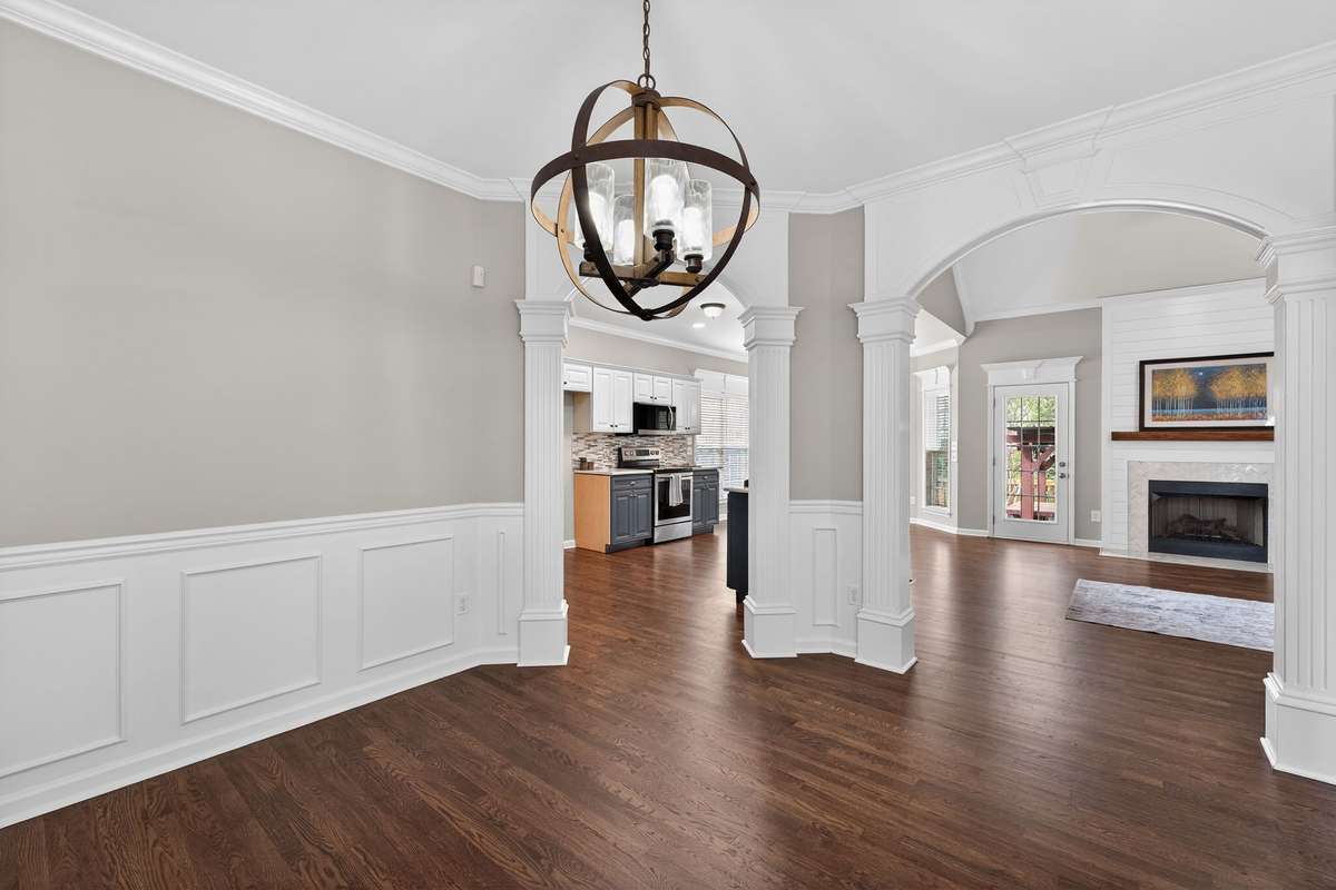 View from dining room to kitchen and living room.