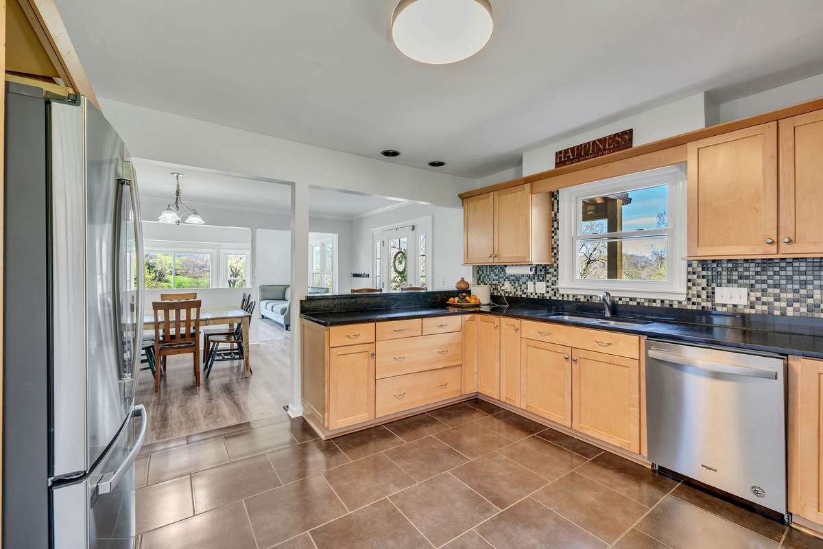 Kitchen looking into dining area.