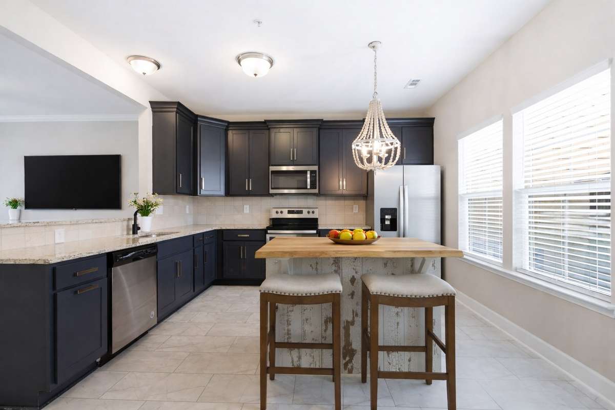 Chandelier, custom island and bar stools convey with house. Digitally staged photo