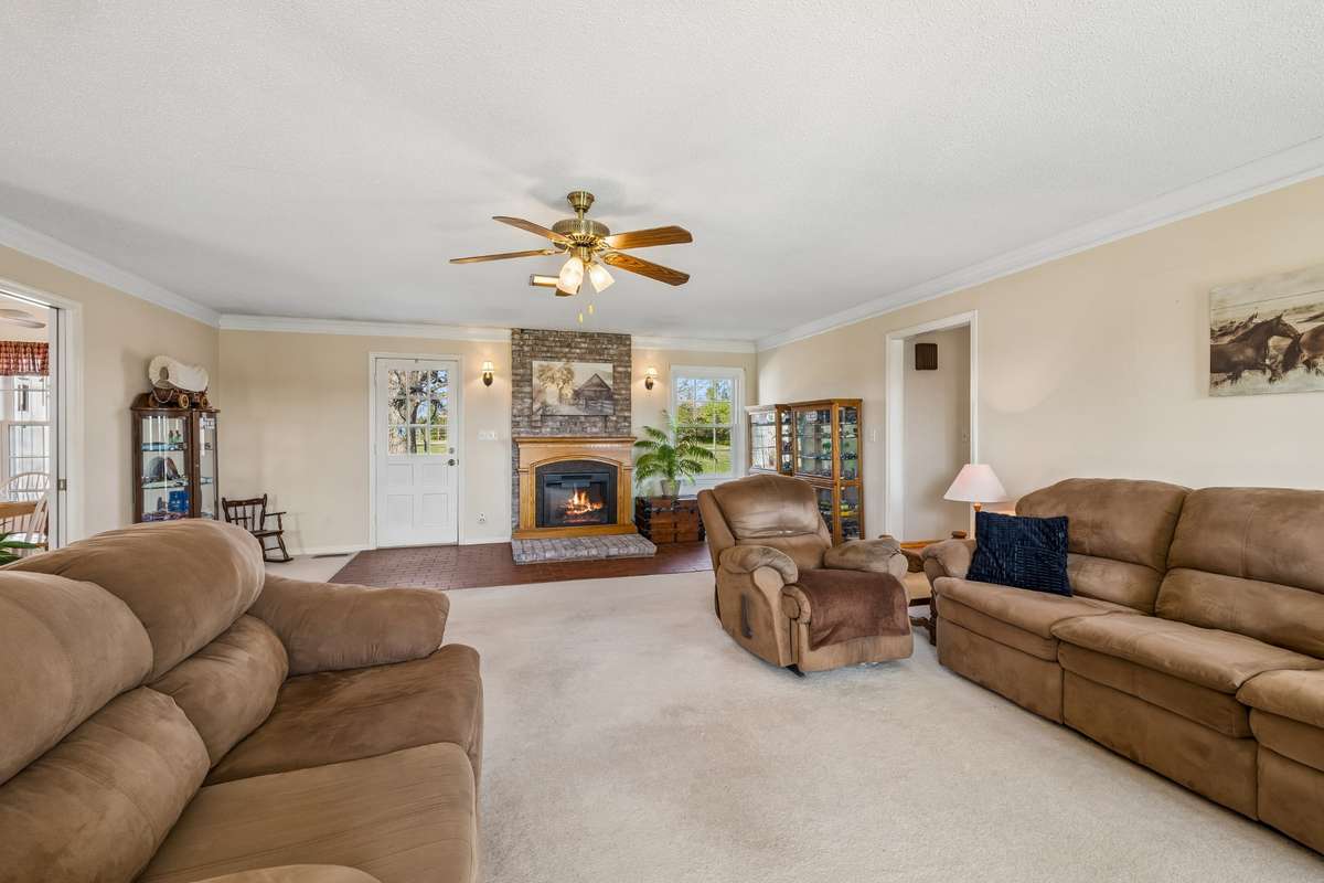 The fireplace is electric. The door by the fireplace leads to the back deck.