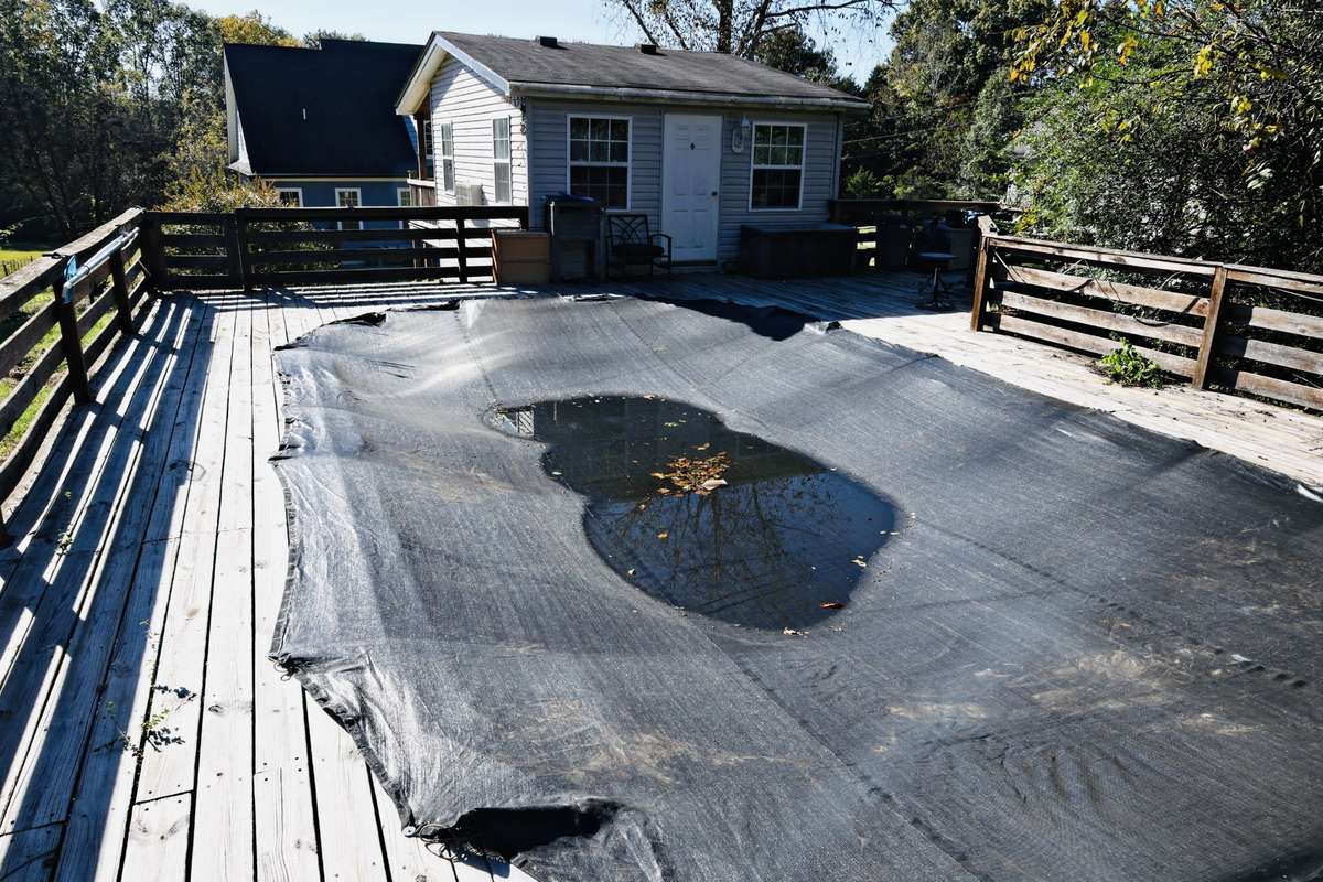 Above ground pool with a deck.