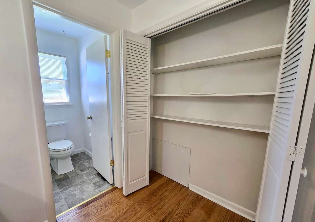 Large storage closet in hallway bath.