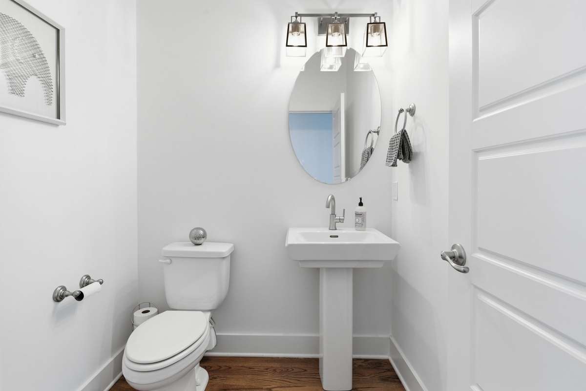 The half bath is down the hall on your right before you get to the main living quarters
