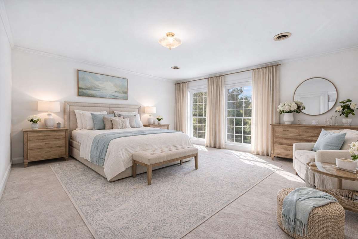 Photo is virtually staged with drapery and furnishings. Please see next photo for present condition.